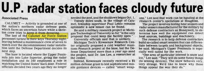 Calumet Air Force Station (Open Skies Project) - Dec 1988 Article (newer photo)